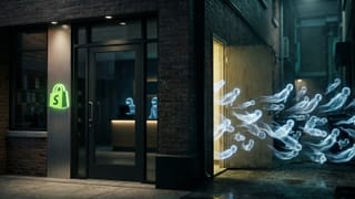 Shopify store back door open with ghost bots streaming in, front locked with green logo