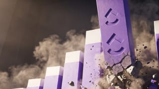 ClickUp blog traffic collapse illustrated as crumbling purple bar chart with logo embossed.