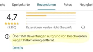 Google Maps defamation notice on German listing: 250+ reviews removed, 4.7 stars, 3,270 ratings