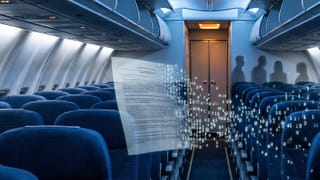 Aircraft cabin with floating legal document dissolving into numeric codes and worker silhouettes.