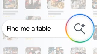 Google AI Mode search interface showing restaurant results for a natural language booking query, UK