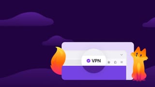 Firefox browser interface showing the built-in VPN feature active, with the Firefox fox mascot alongside.