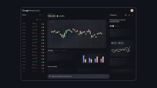 Google Finance Beta dark mode interface with candlestick chart and AI Research panel