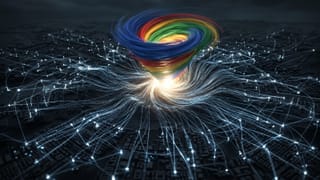 Google-colored vortex pulls web traffic from publisher network nodes into a central AI core.