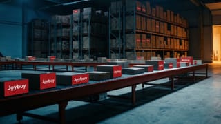 Joybuy parcels on a red conveyor belt inside a European fulfillment center at night.