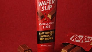 Durex Singapore's "Wafer Slip Chocolatey Lube" parody product, mocking KitKat's stolen chocolate heist.