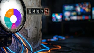 Cracked meter with broadcast pie chart, glowing cables, streaming screens in background.