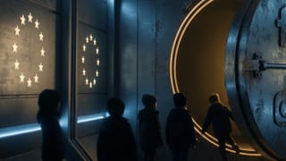 Children silhouettes entering a vault door flanked by EU stars, symbolizing Meta DSA breach.