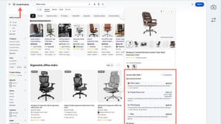 Google Shopping tab showing sponsored stores panel with Office Depot and eBay listings, office chairs