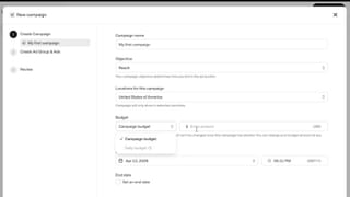 ChatGPT ads manager campaign creation interface showing objective, location, and budget fields.