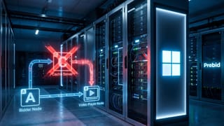 Server room with Microsoft and Prebid logos showing cache node removed from video ad pipeline