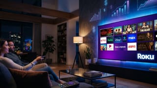 Couple watching Roku TV showing streaming apps and financial growth charts at night