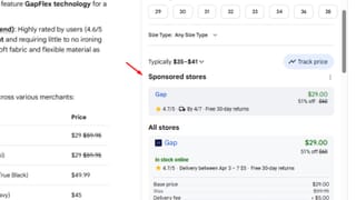 Sponsored stores ad unit in Google AI Mode showing Gap at $29, 51% off, above organic listings.