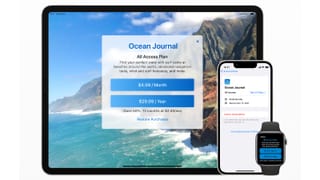 App Store subscription UI showing monthly and annual pricing options across iPad, iPhone, and Apple Watch.