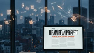 Newsroom monitor displays clean article page as digital ad fragments dissolve into city night sky.