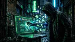 Hooded thief reaching into a glowing Google Ads dashboard to steal data and money in a dark alley.