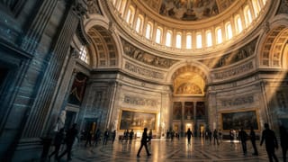 Inside the US Capitol rotunda with figures in motion and faint blue circuit light patterns.