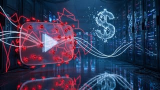 YouTube bot swarm invades creator channel, shattering ad revenue in a dark server room.
