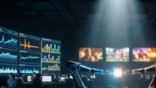 Two robotic arms exchange a glowing data packet in a CTV ad operations center.