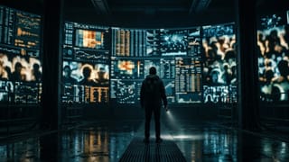 Marketer alone facing walls of data screens with blurred audience faces, unable to see clearly.