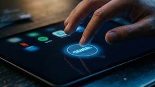 Hand pressing a glowing cancel button on tablet with streaming subscription apps, UK law concept.