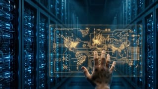 Google DeepMind server room with human hand touching glowing map, AI consciousness debate