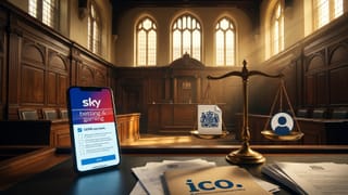 UK courtroom with Sky Betting app, ICO documents, and scales of justice weighing GDPR consent