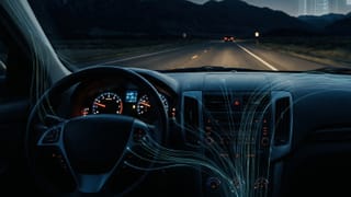 Connected vehicle dashboard at night with data streams flowing from car sensors