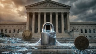 Steel padlock with fiber-optic data streams on US courthouse steps, FTC and Congress seals