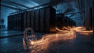 Shattered padlock with data streams flowing past it inside a dark server room.