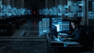 Bank employee accesses thousands of customer financial records in empty Italian bank at night.