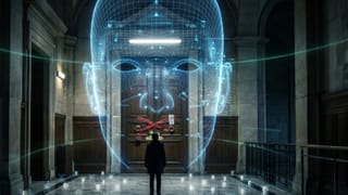 Holographic face scan looms over lone figure facing locked door, biometric data scattered below.