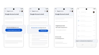 Google Account email change flow on Android showing username update steps and alias confirmation.