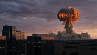 Nuclear mushroom cloud rises over Illinois prairie as corporate towers stand shielded nearby.