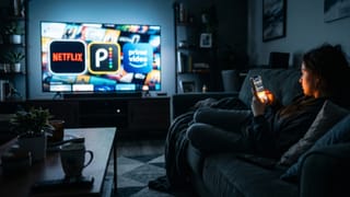 Woman on sofa scrolls phone while Netflix and Prime Video ads play on TV screen