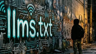 Graffiti wall with llms.txt spray-painted in cyan, symbolizing AI search optimization trends.