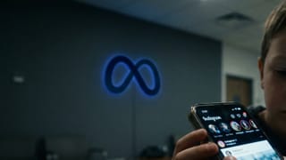 Child scrolling Instagram on smartphone with glowing Meta logo on wall in dark room.