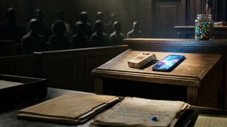 Courtroom with cigarette pack, smartphone and M&M jar echoing Big Tech addiction trial
