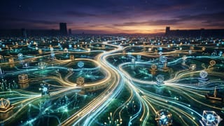 Open digital garden with data streams flowing freely across platforms at twilight.