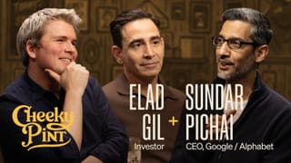Cheeky Pint podcast thumbnail with Elad Gil and Sundar Pichai, CEO of Google and Alphabet.