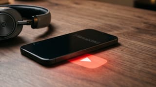 SiriusXM app on phone with YouTube play button glow and headphones on wood desk