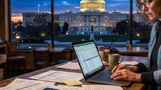 Small business owner reviews compliance documents with US Capitol visible at dusk