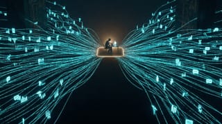 Person at laptop surrounded by data streams flowing to unseen corporate collectors.