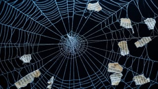 Spider web trapping torn newspaper fragments, symbolizing Google's grip on news publishers.