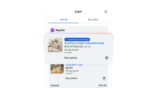 Google Universal Cart showing Wayfair items with price insights and lowest price badge