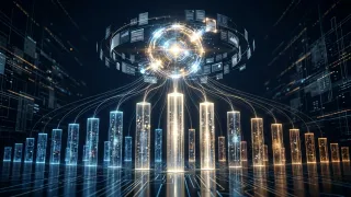23 glowing pillars feed a central AI node via light threads on a dark digital grid