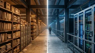 Split corridor contrasting analog document archives with AI server racks and fiber cables