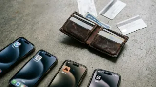 Open wallet with identity cards and AI app icons on phones, data privacy concept