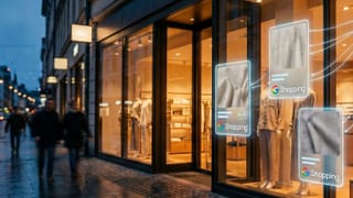 Google Shopping holographic product cards overlaid on a retail storefront at dusk.