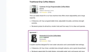 Google AI Mode showing a sponsored KitchenAid listing between organic coffee maker results.